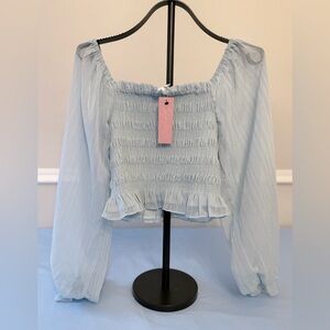 Shop the Cue Moon Mist Blue Smocked Off the Shoulder Crop Top Size Small NWT